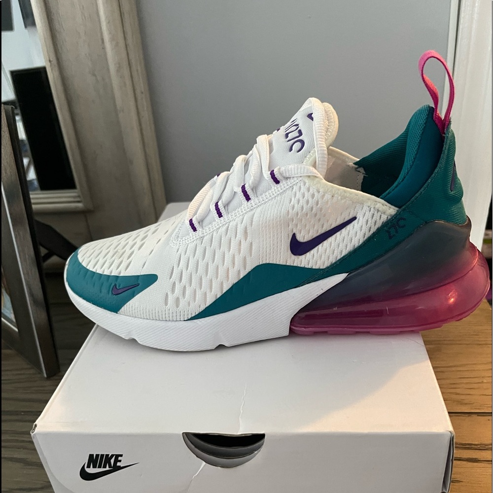 Nike W Air Max 270 - white base  with aqua- pink sole & purple Nike Logo
